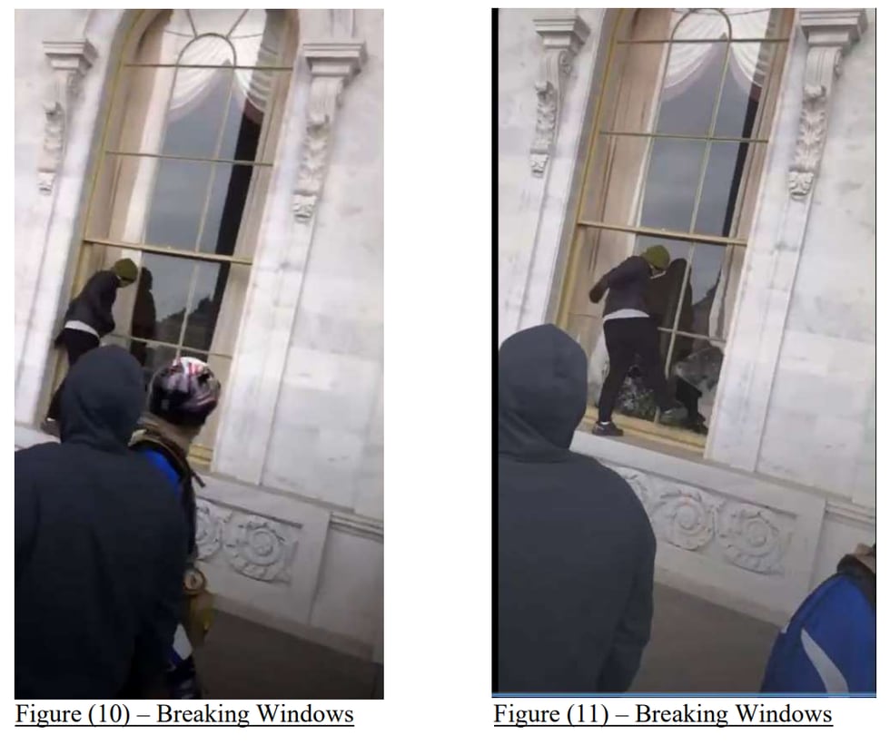 Screenshot from the FBI Statement of Facts, black clad figure breaking windows at the Capitol,...