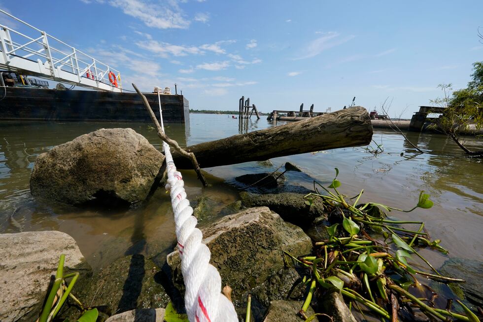A low water level is seen where sills are being made in the Mississippi River to help limit...