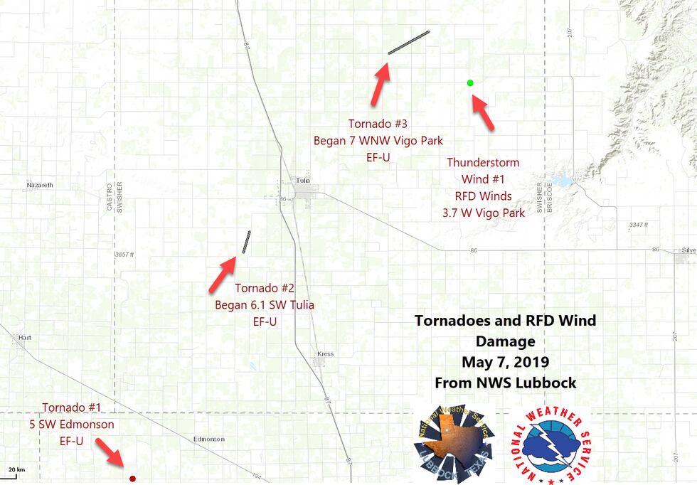 An illustration shows where three tornadoes and an RFD winds were recorded in Hale and Swisher...
