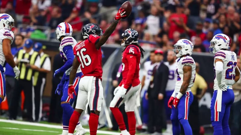 Lufkin native Keke Coutee motions for a first down in the Texans win Sunday against Buffalo.
