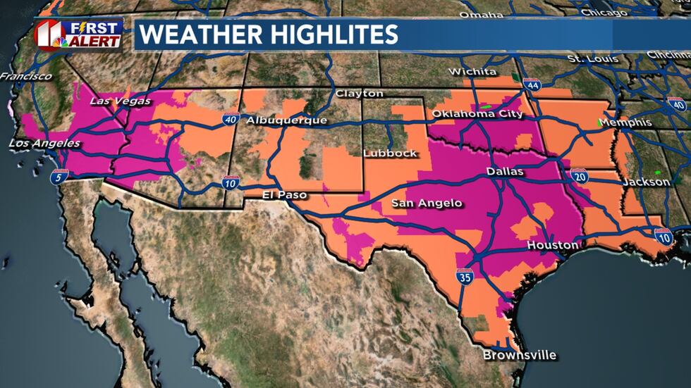 HEAT ADVISORIES (orange) and EXCESSIVE HEAT WARNINGS (magenta) are in effect from southern...