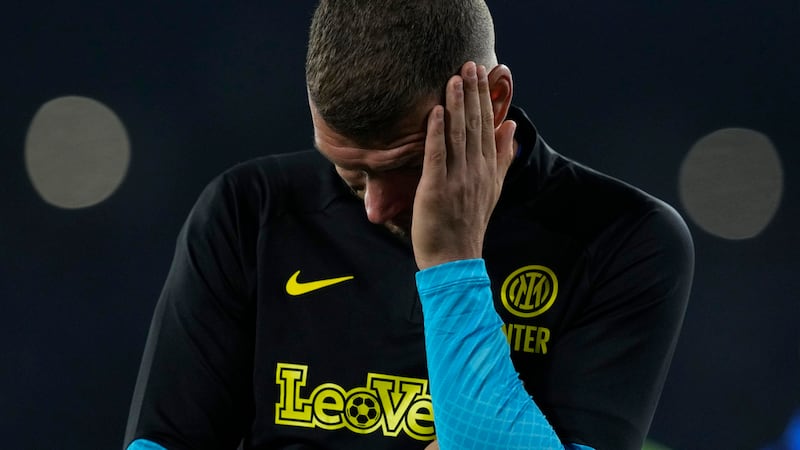 Inter Milan's Edin Dzeko gestures at the end of the Champions League final soccer match...