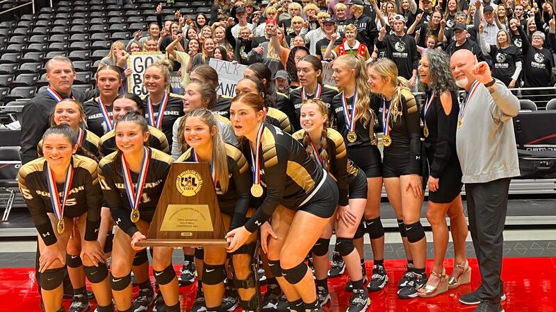Bushland Lady Falcons win 2023 UIL 3A volleyball state championship.